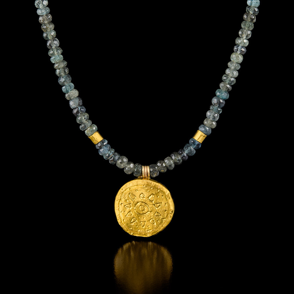 Moss Aquamarine Necklace with Gold Disk