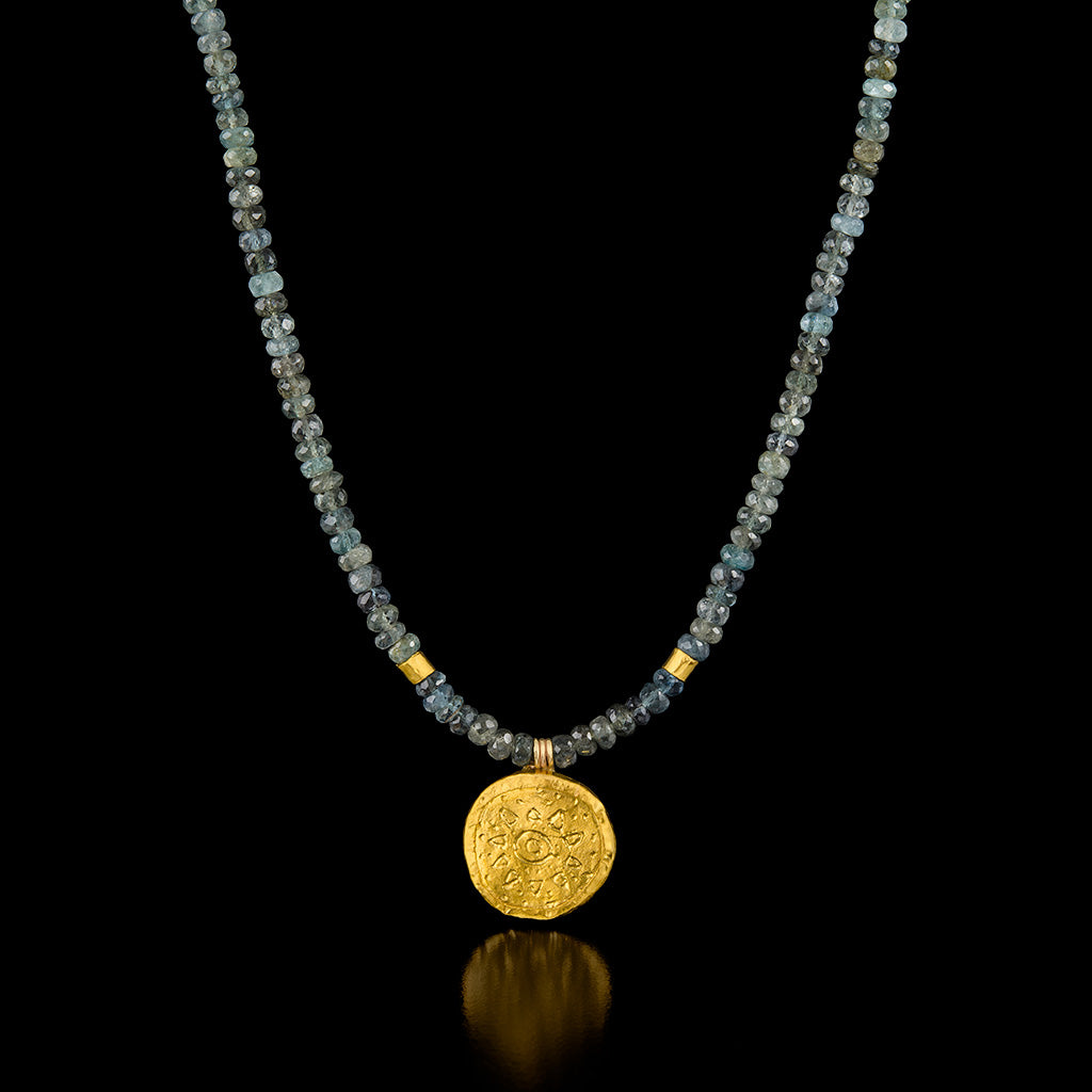 Moss Aquamarine Necklace with Gold Disk