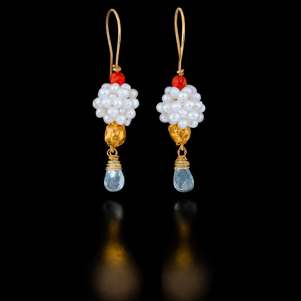 Cluster of Pearls Gold and Aquamarine Earrings