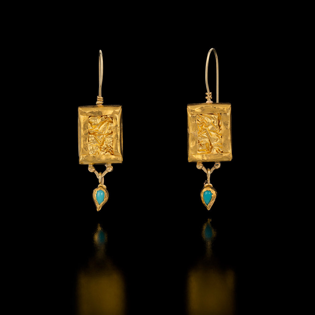 Rectangle Gold Earrings with a Turquoise hanging drop