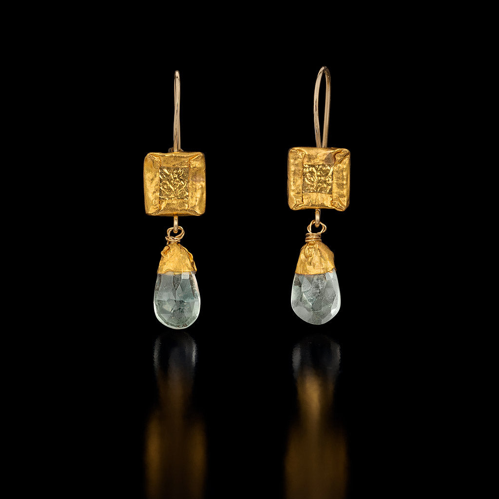 Gold Square Earrings with Green Amethyst drop